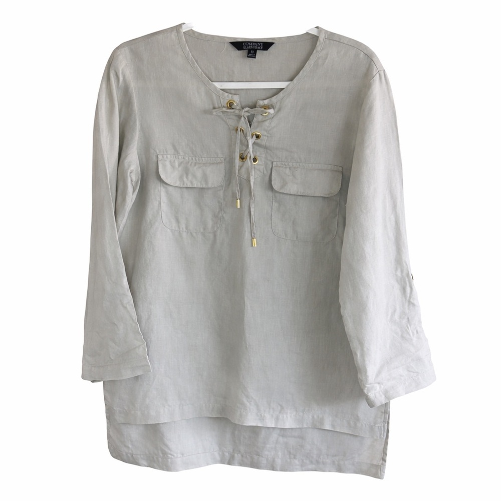 Ellen Tracy Company Linen Blouse Medium Lace Up Beige Minimalist Coastal Resort